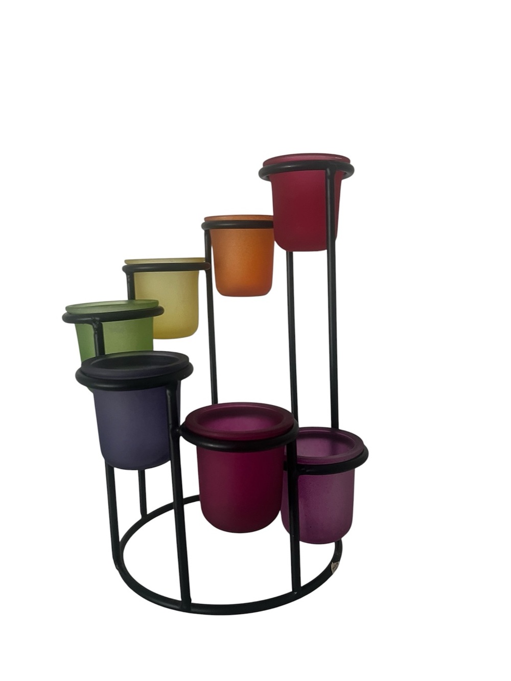 Retro Multicolor Frosted Glass Tealight Holder Set on Metal Stand
